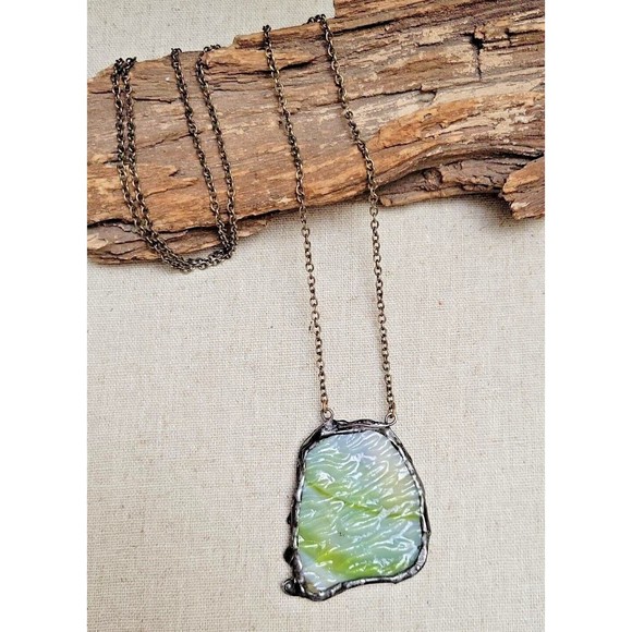 Vintage Doubled sided Stained Glass Artisan Necklace Pendant Greens Blues Amber - Picture 1 of 7